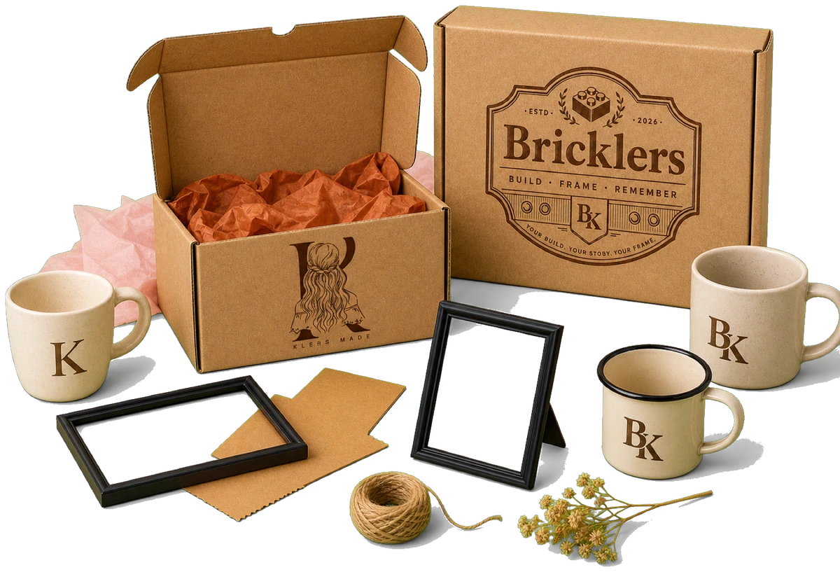 Bricklers and Klers shipping boxes with tissue paper, mugs and frames
